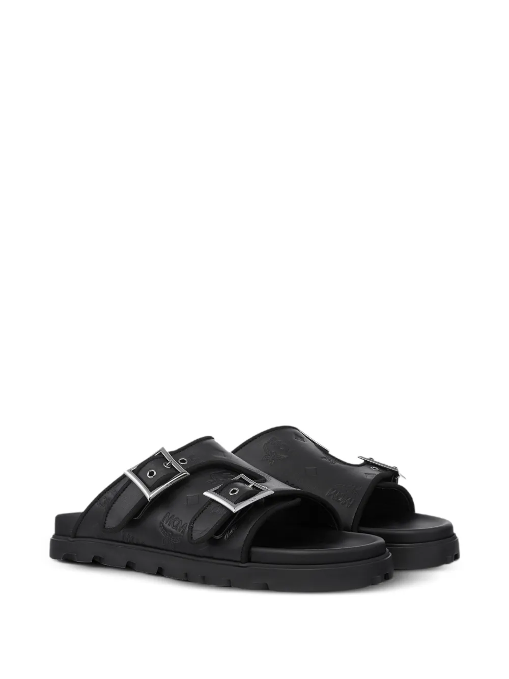 MCM Leren sandalen met monogram-reliëf Zwart