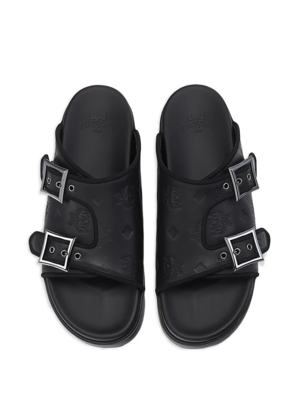 MCM Leren sandalen met monogram-reliëf Zwart
