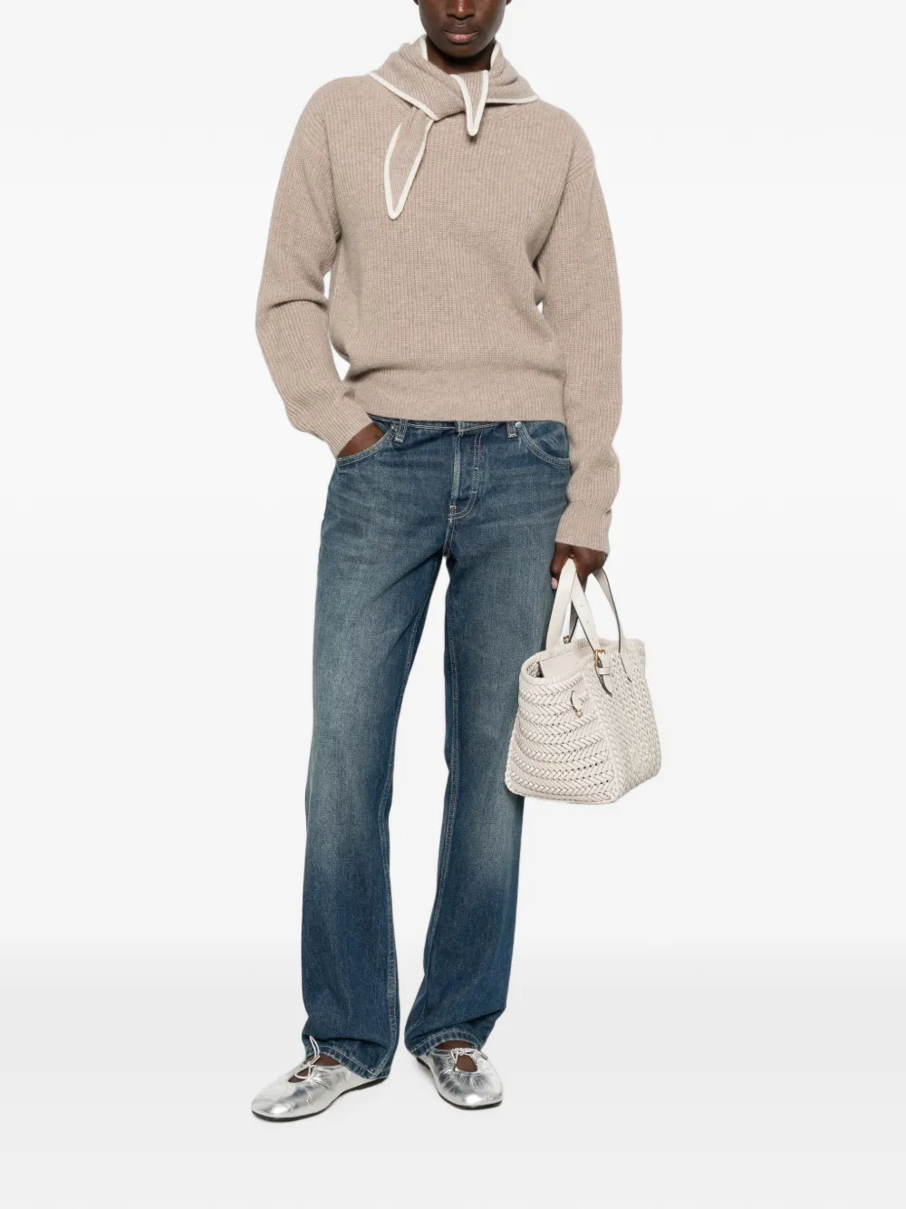 SANDRO Ribgebreide wollen trui met sjaaldetail Beige