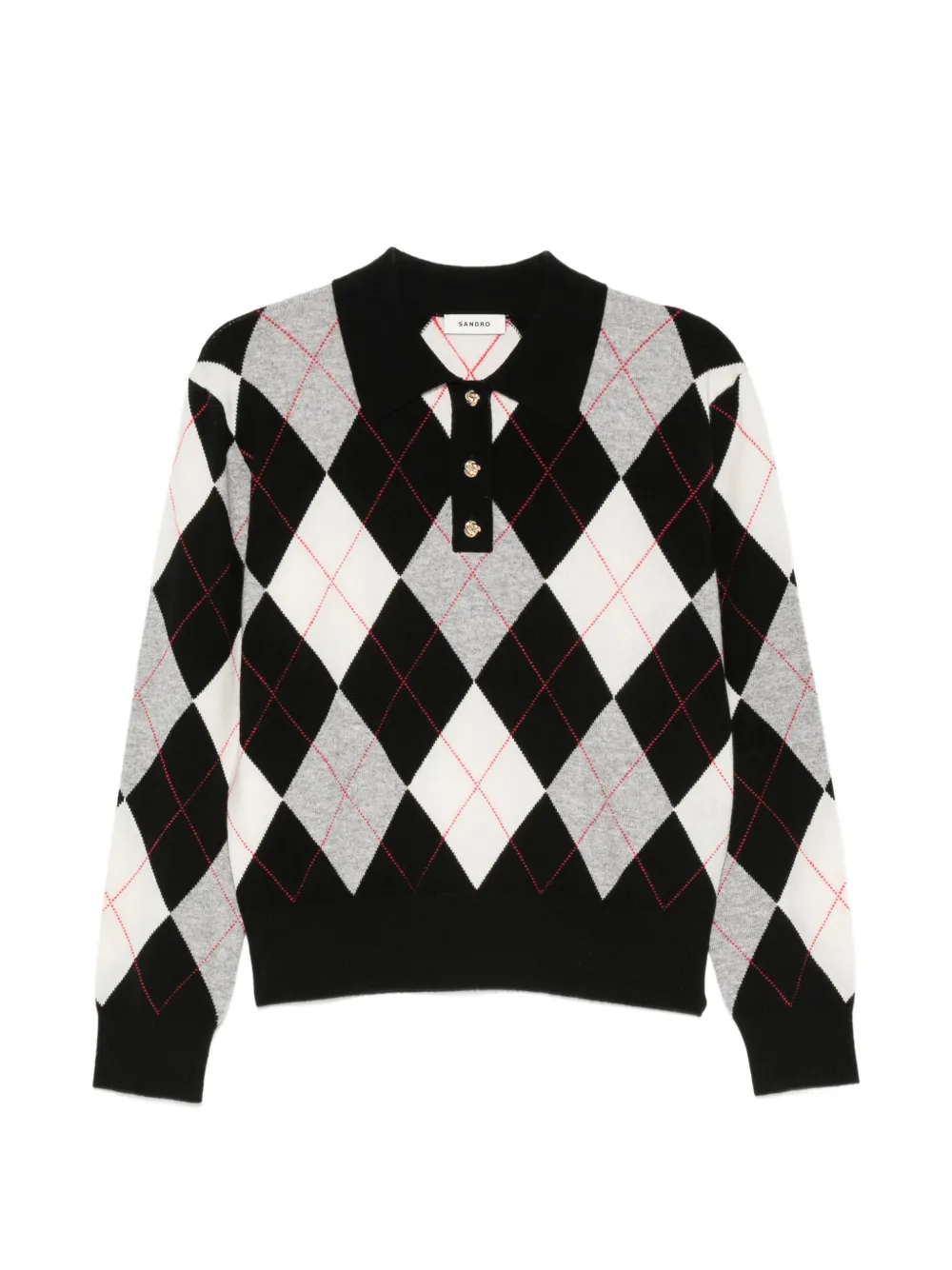 SANDRO Zefira wollen poloshirt met argyle-patroon Zwart