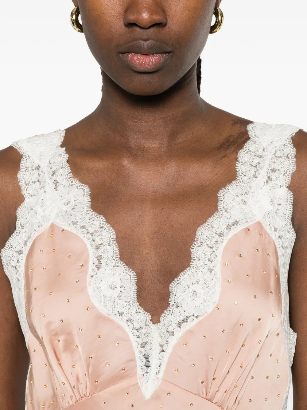 SANDRO Midi-jurk verfraaid met stras en kant Beige