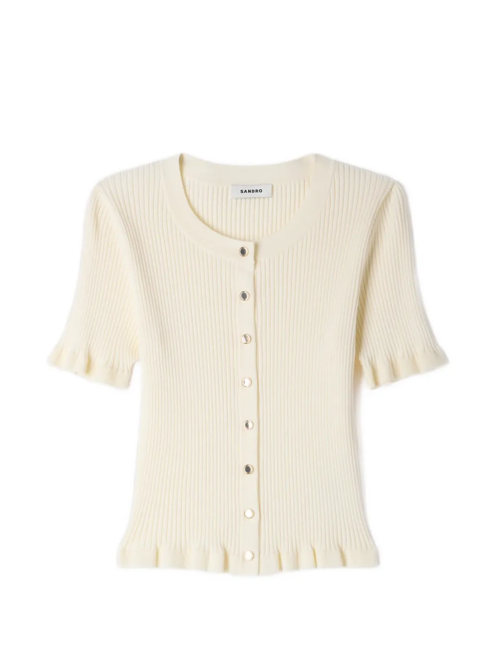 SANDRO ruffle-trim ribbed-knit cardigan - Neutrals