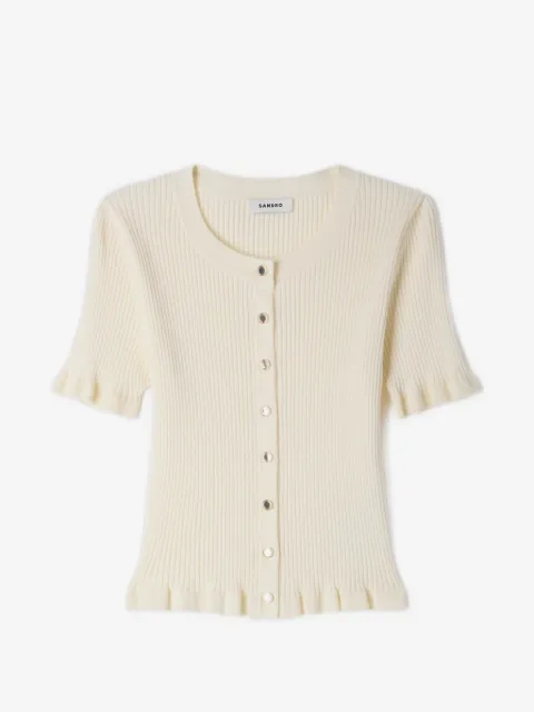 SANDRO ruffle-trim ribbed-knit cardigan