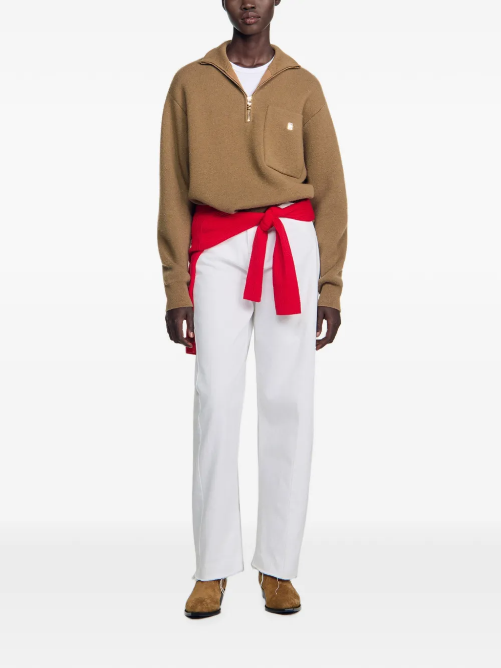 SANDRO Sweater met halve rits en borstzak Bruin