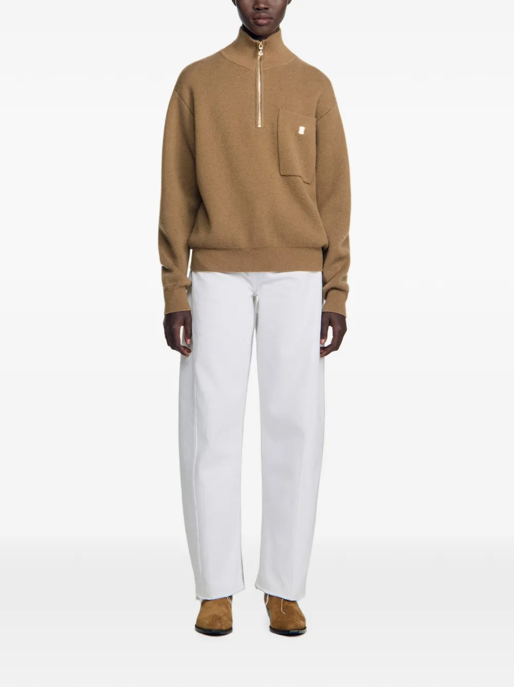 SANDRO Sweater met halve rits en borstzak Bruin