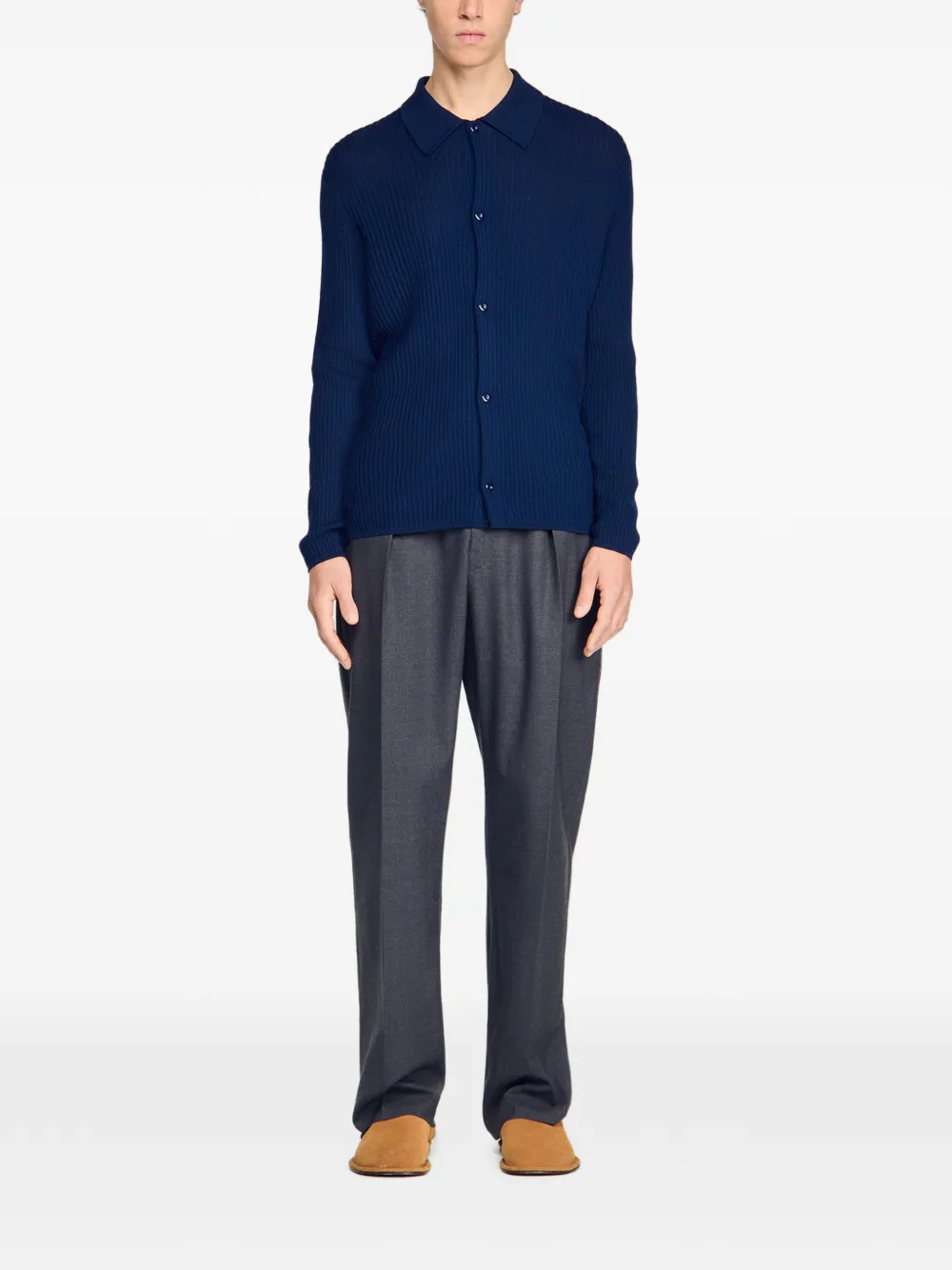 SANDRO Ribgebreid vest met shirtkraag Blauw