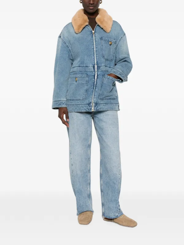 SANDRO faux-fur-collar Denim Coat | Blue | FARFETCH
