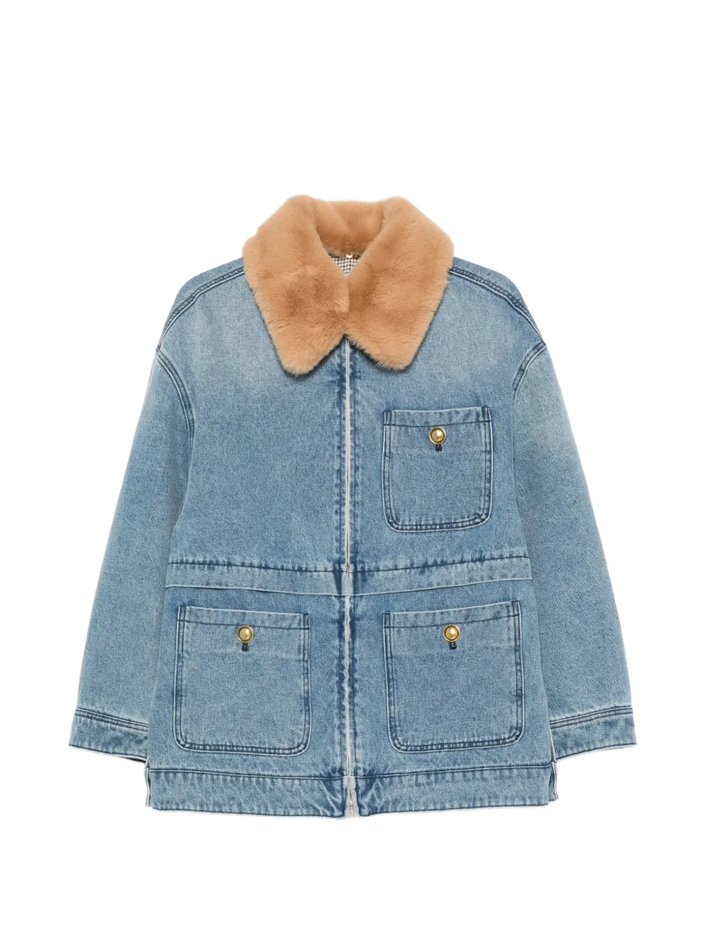 SANDRO faux-fur-collar denim coat - Blue