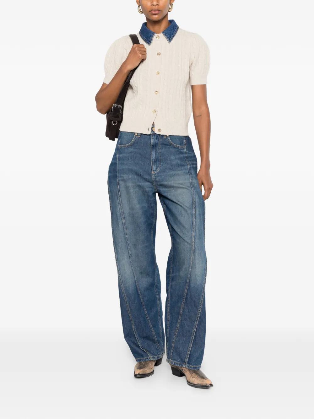 SANDRO Kabelgebreid vest met denim kraag Beige