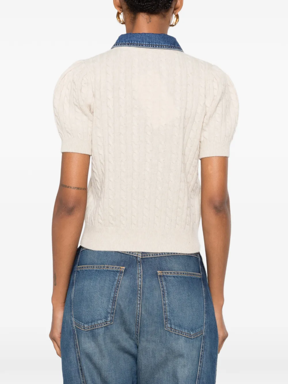 SANDRO Kabelgebreid vest met denim kraag Beige
