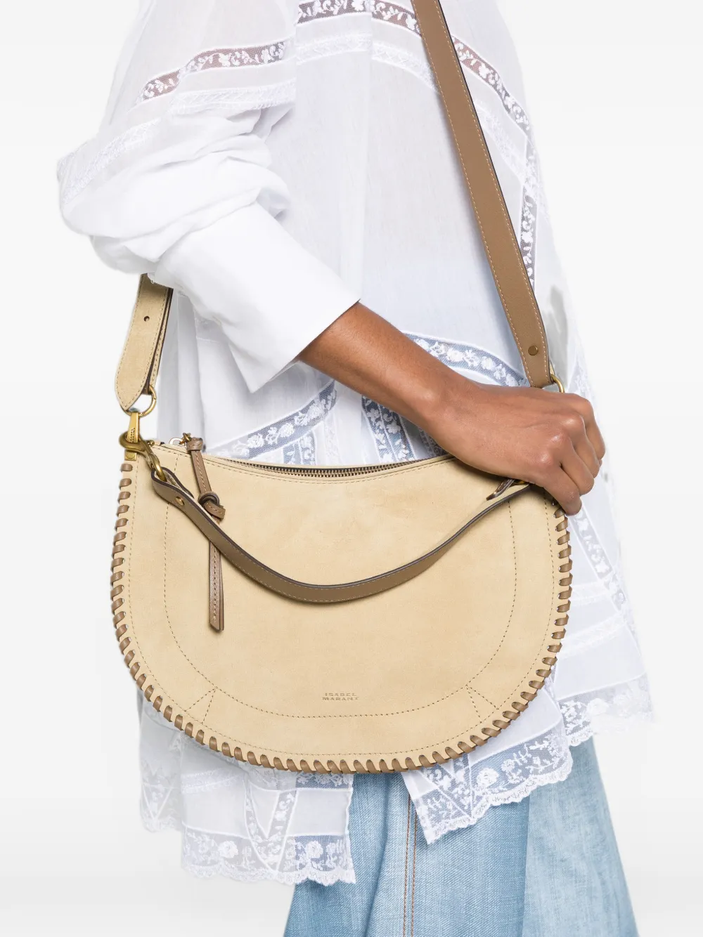 ISABEL MARANT Suède schoudertas met afwerking Beige