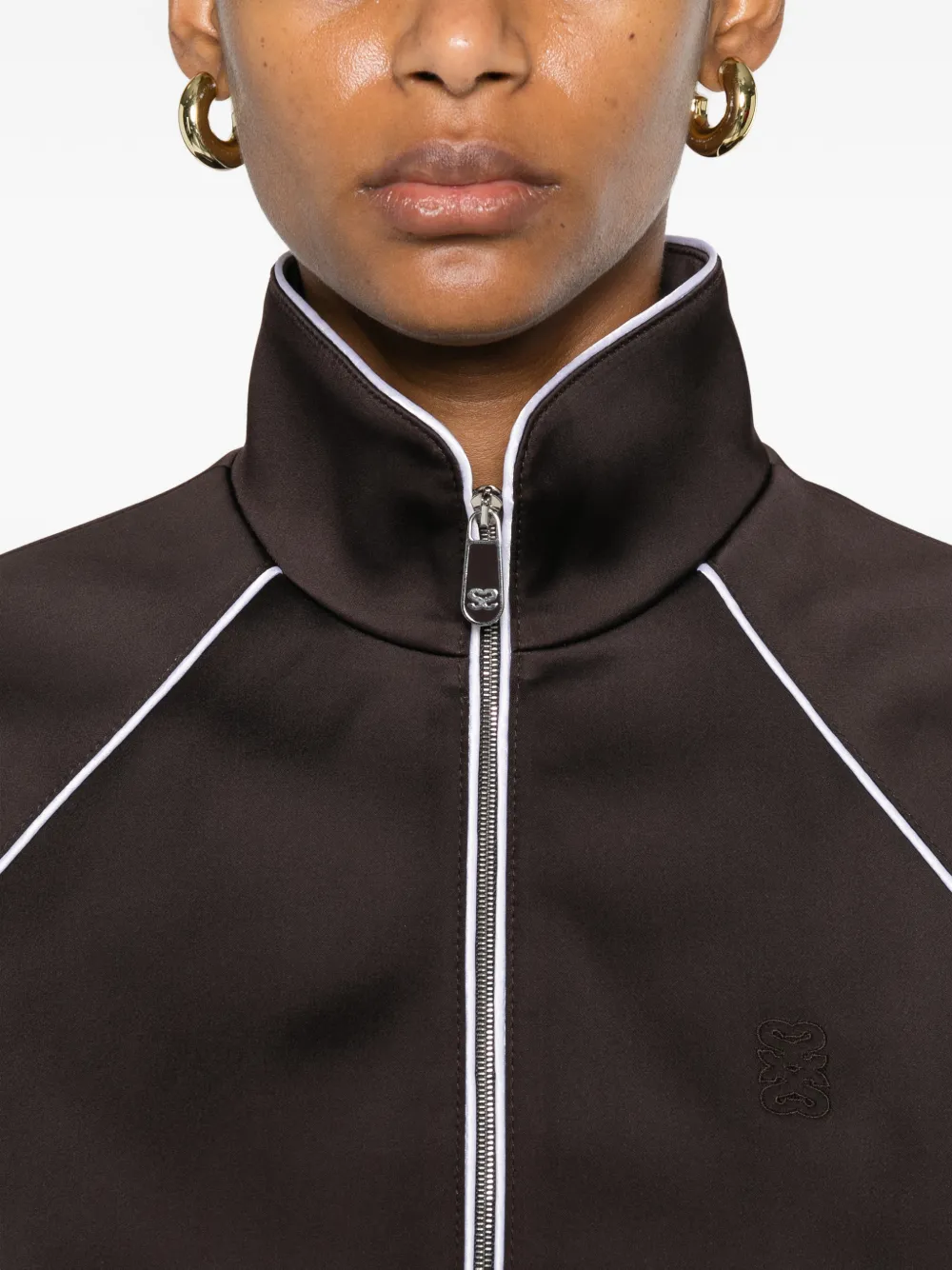 SANDRO Embroidered Cropped Satin Jacket | Brown | FARFETCH AO