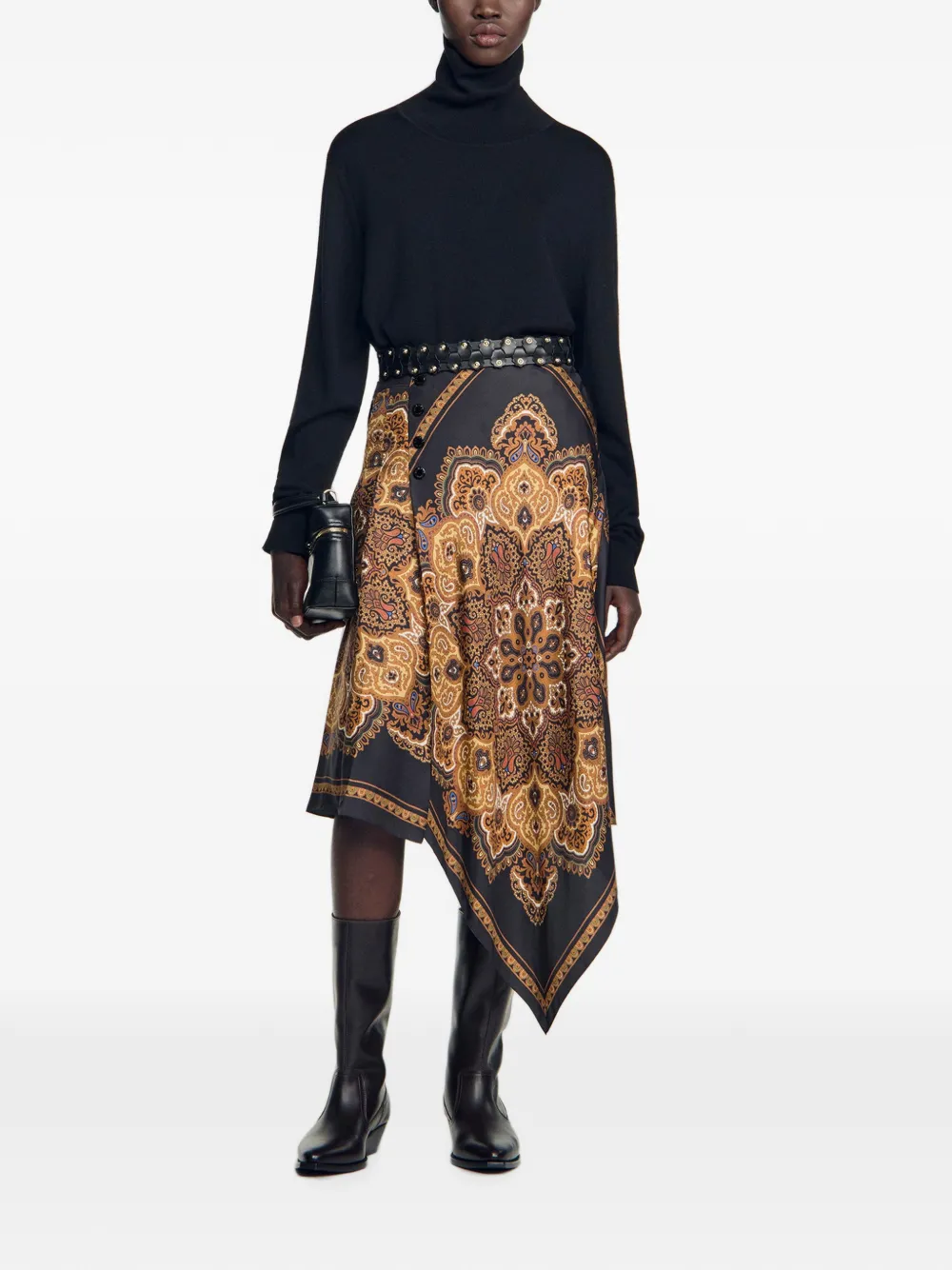 SANDRO Asymmetrische midi-rok met sjaalprint Zwart
