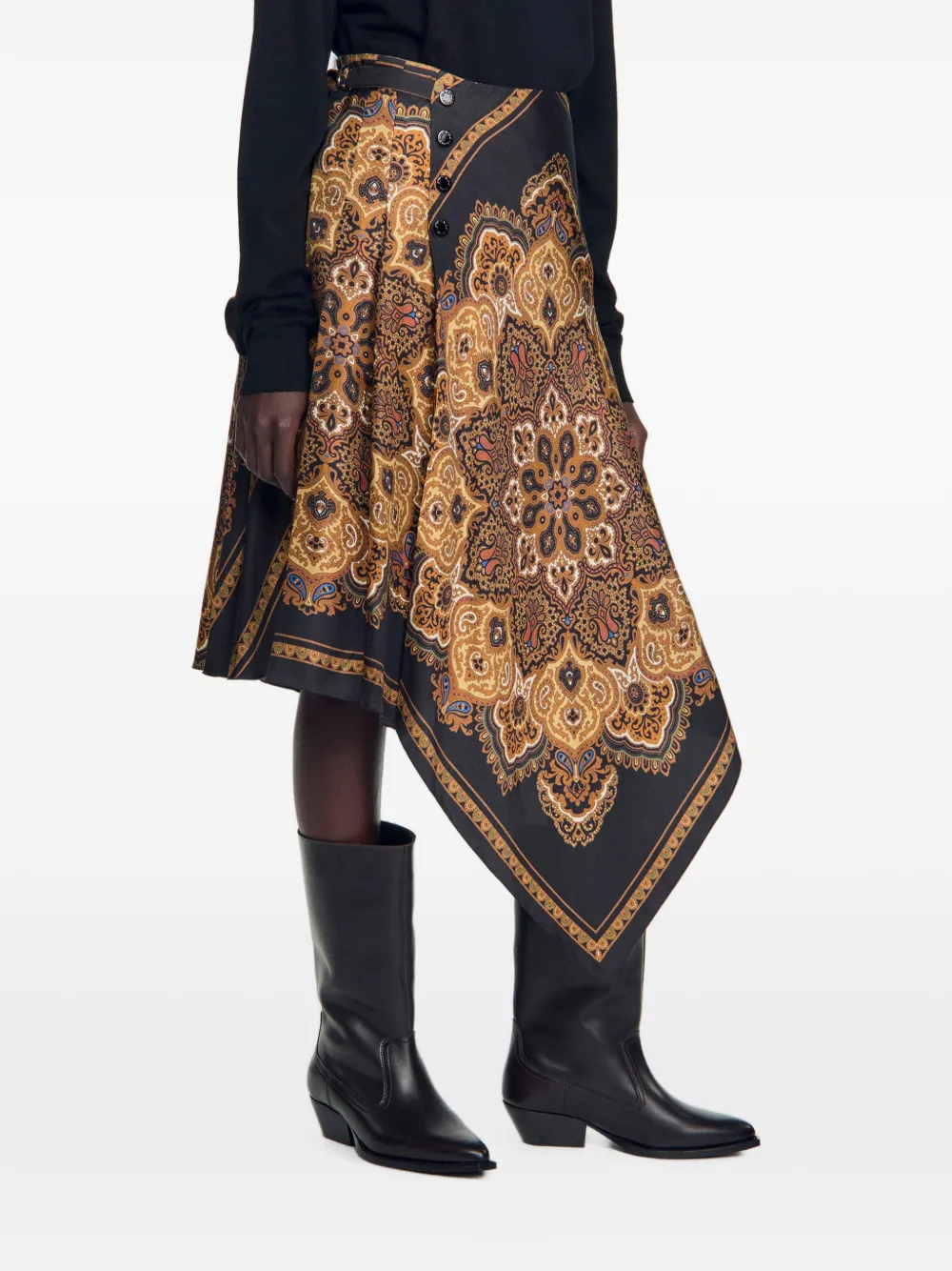 SANDRO Asymmetrische midi-rok met sjaalprint Zwart