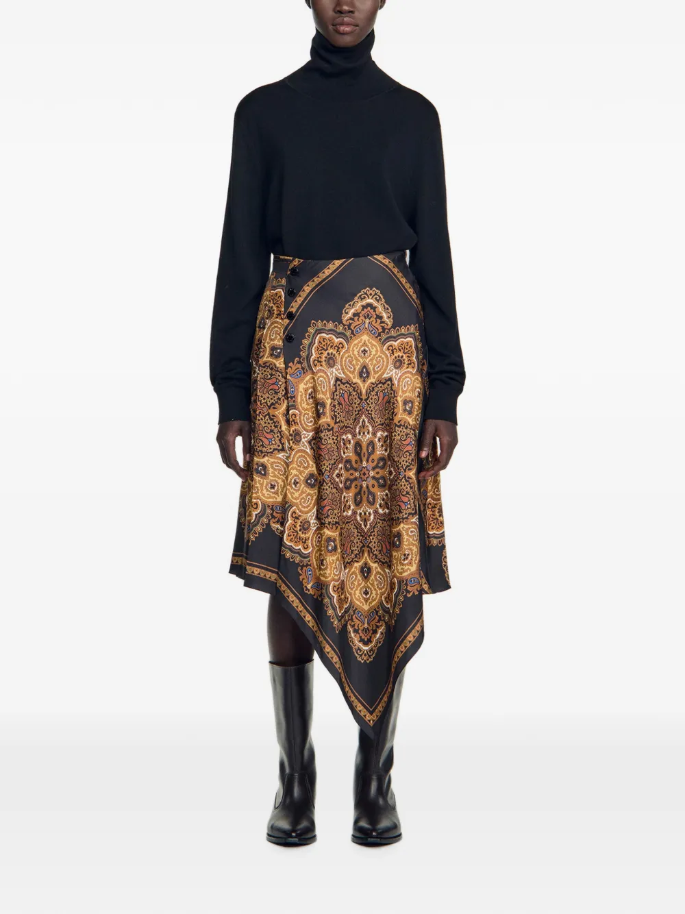 SANDRO Asymmetrische midi-rok met sjaalprint Zwart