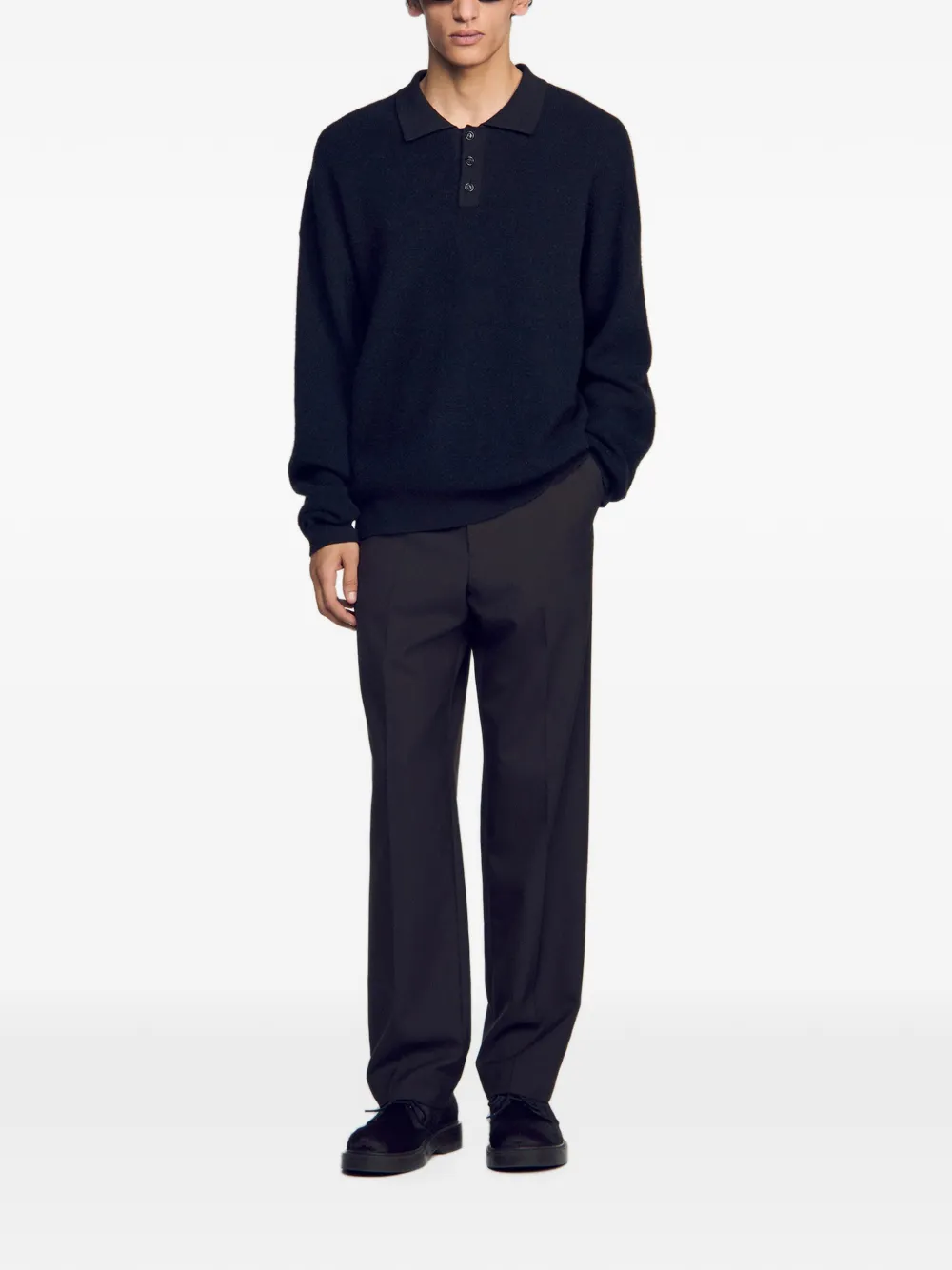 SANDRO Geribbeld alpaca poloshirt Zwart