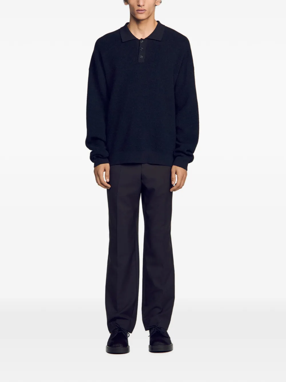 SANDRO Geribbeld alpaca poloshirt Zwart