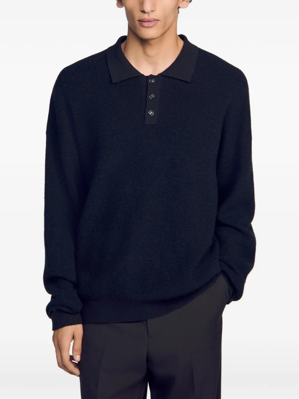 SANDRO Geribbeld alpaca poloshirt Zwart