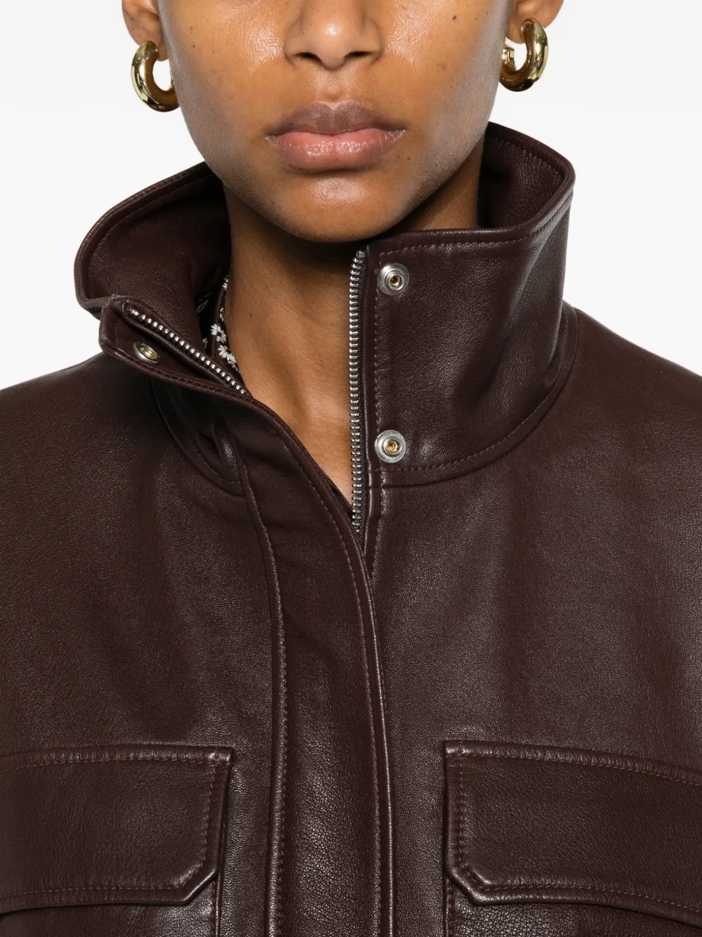 SANDRO Oversized leren jack met opstaande kraag Bruin