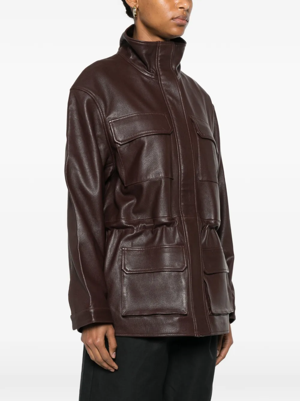 SANDRO Oversized leren jack met opstaande kraag Bruin