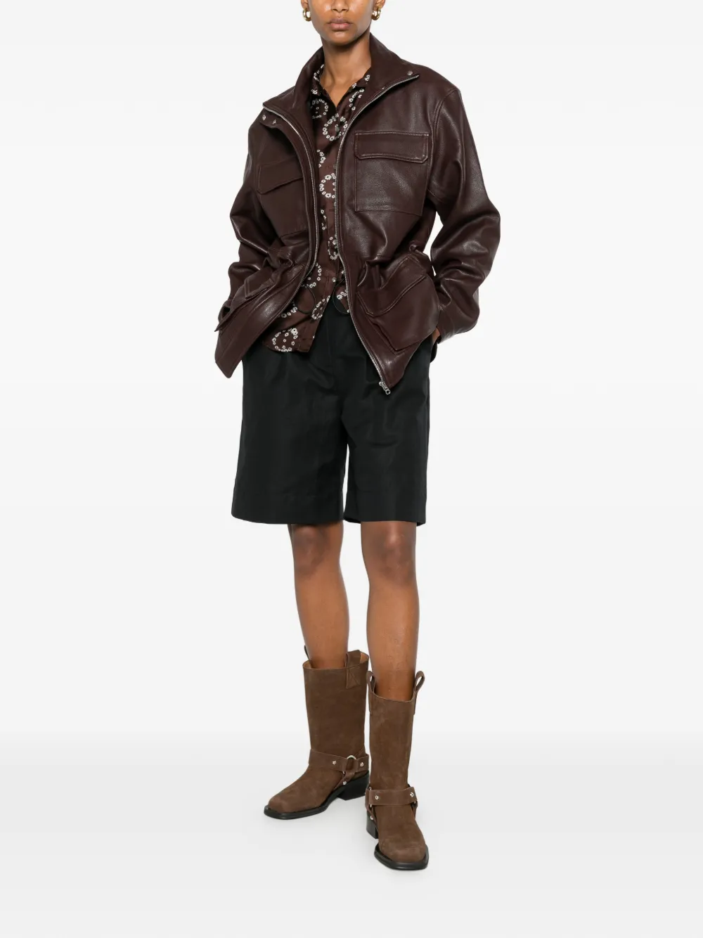 SANDRO Oversized leren jack met opstaande kraag Bruin