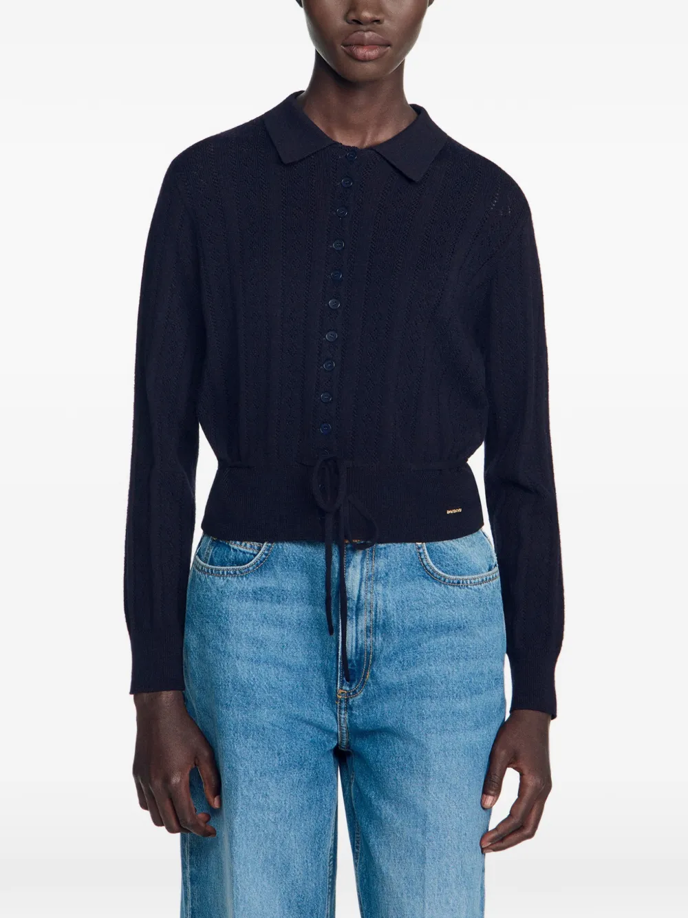SANDRO Pointelle gebreid vest met trekkoord Blauw