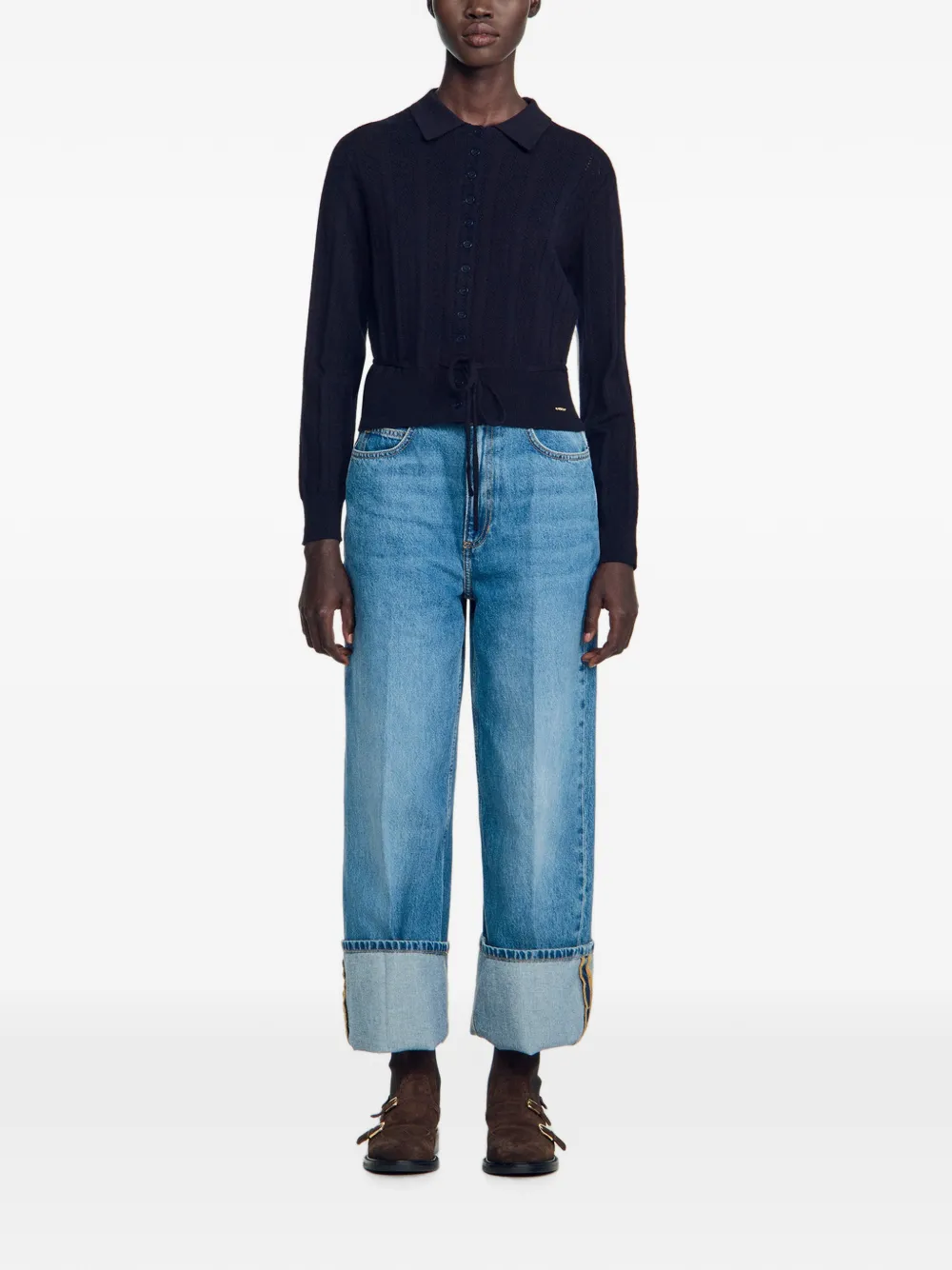 SANDRO Pointelle gebreid vest met trekkoord Blauw