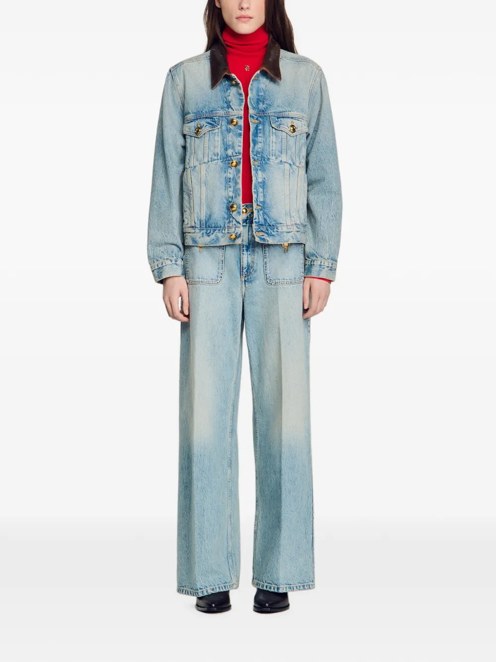 SANDRO Button-up denim jack met leren kraag Blauw