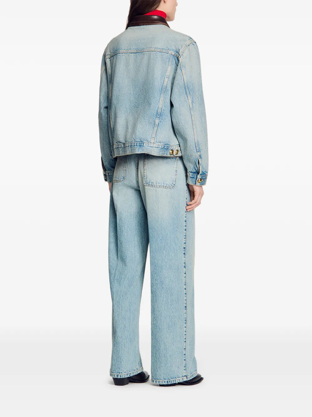SANDRO Button-up denim jack met leren kraag Blauw
