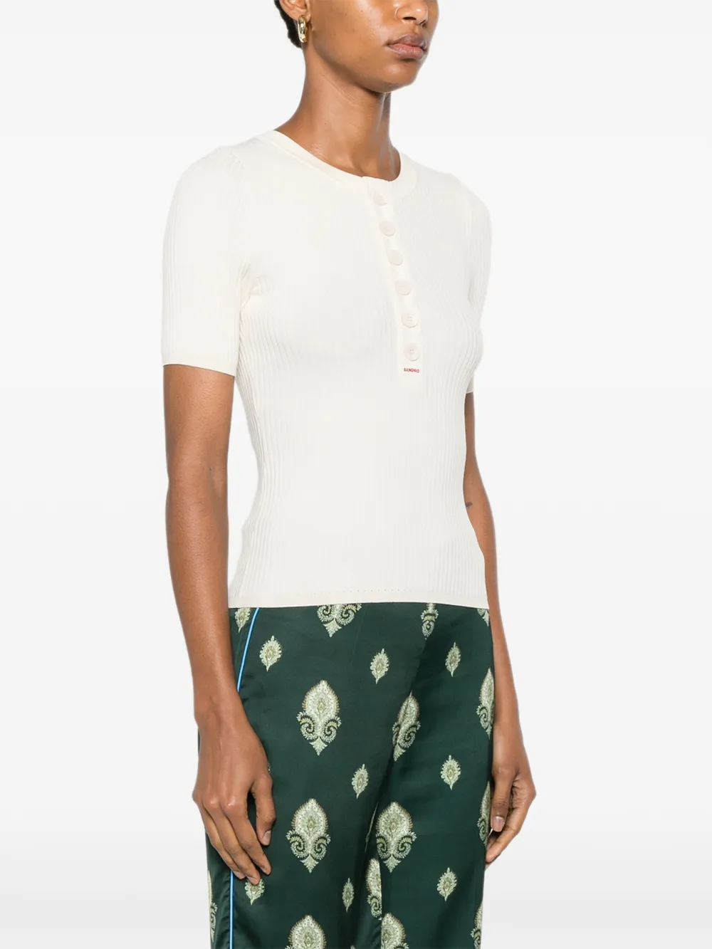 SANDRO Ribgebreide top met knopenbies Beige