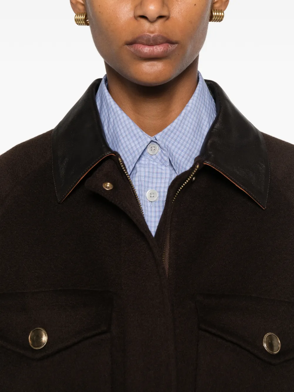 SANDRO Wollen jas met leren afwerking Bruin