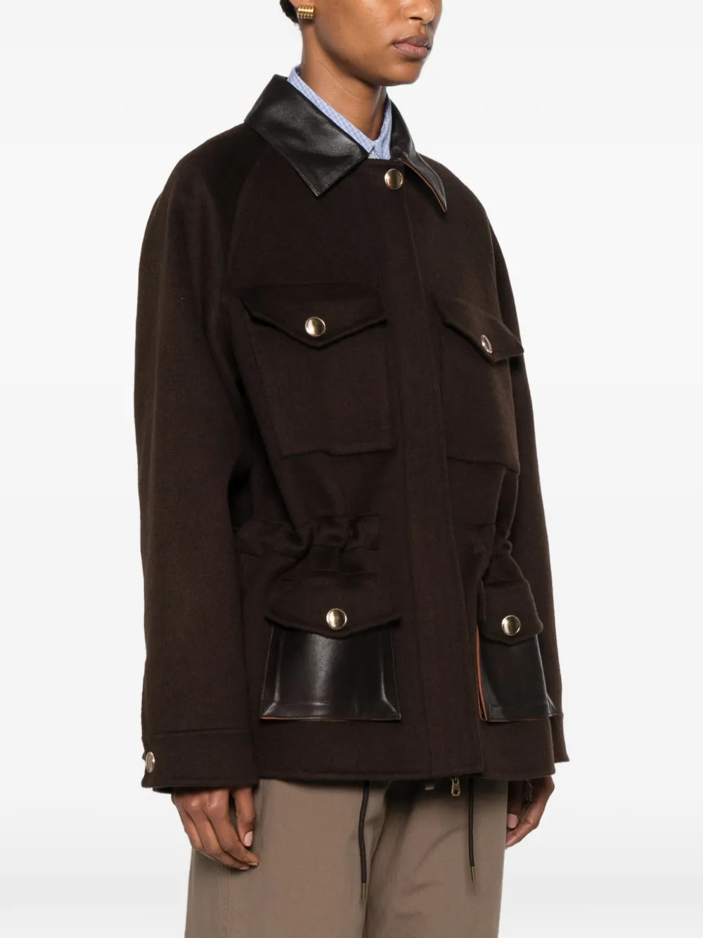 SANDRO Wollen jas met leren afwerking Bruin