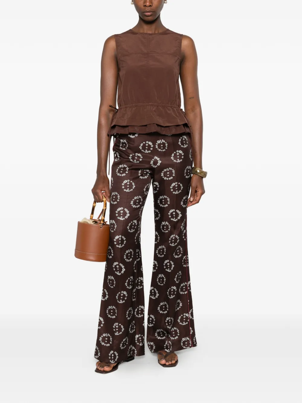 SANDRO Palazzo broek met bloemenprint en afwerking Bruin