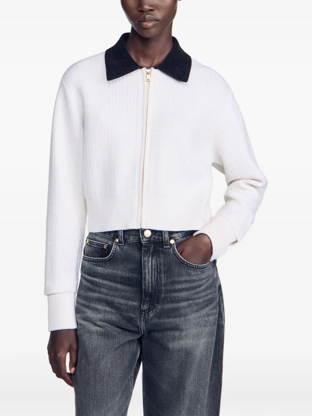 SANDRO zip-up cable-knit cardigan Wit