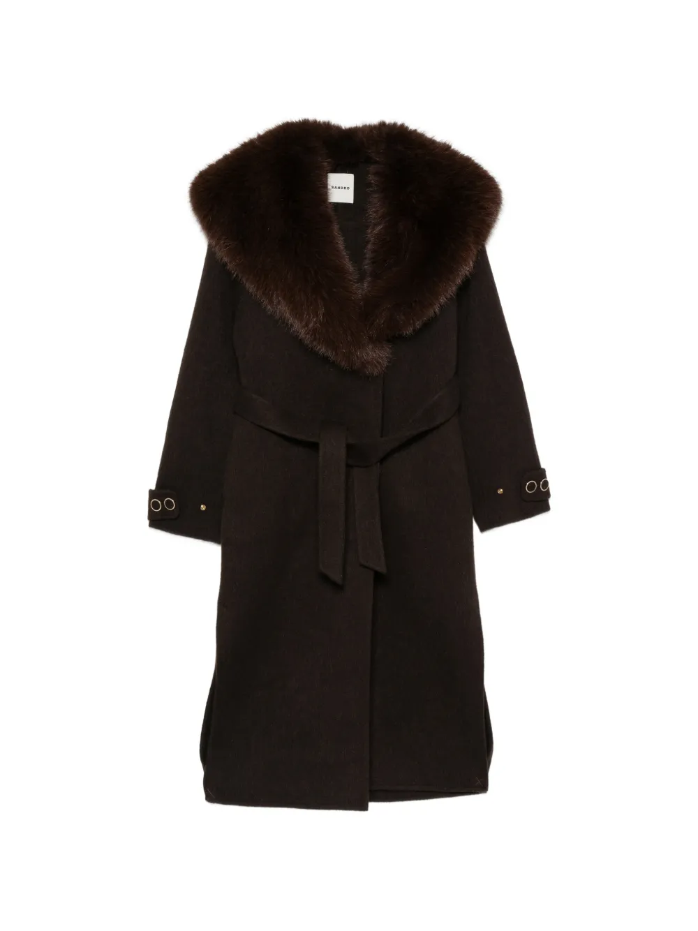 SANDRO faux-fur collar belted coat