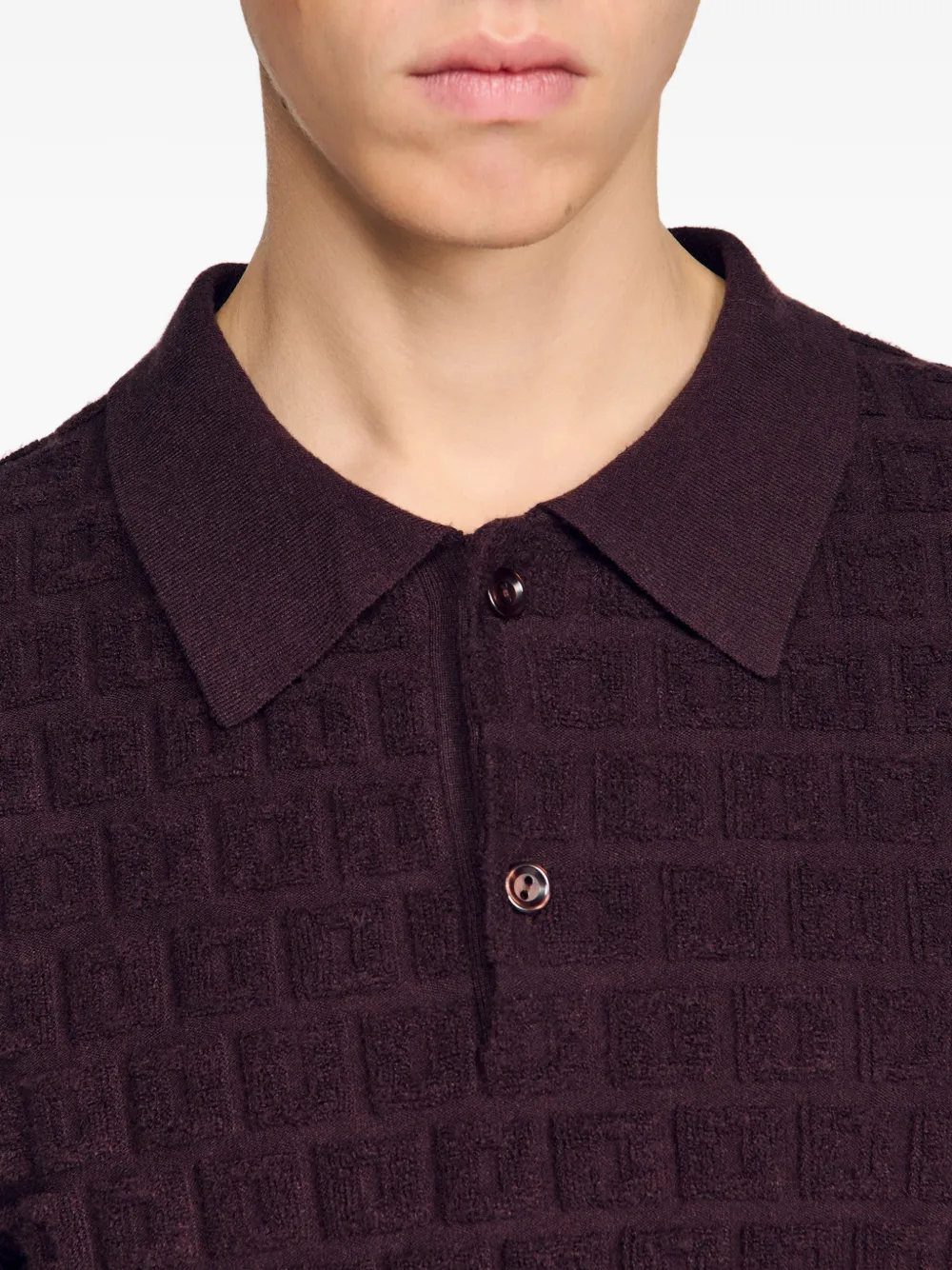 SANDRO Bouclé poloshirt met jacquard Bruin
