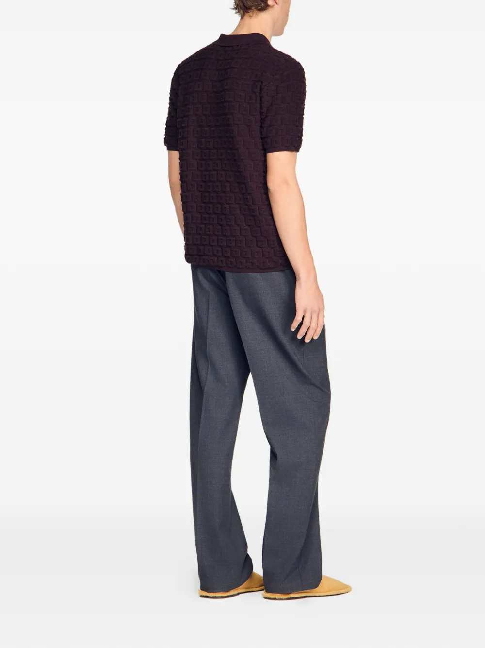 SANDRO Bouclé poloshirt met jacquard Bruin