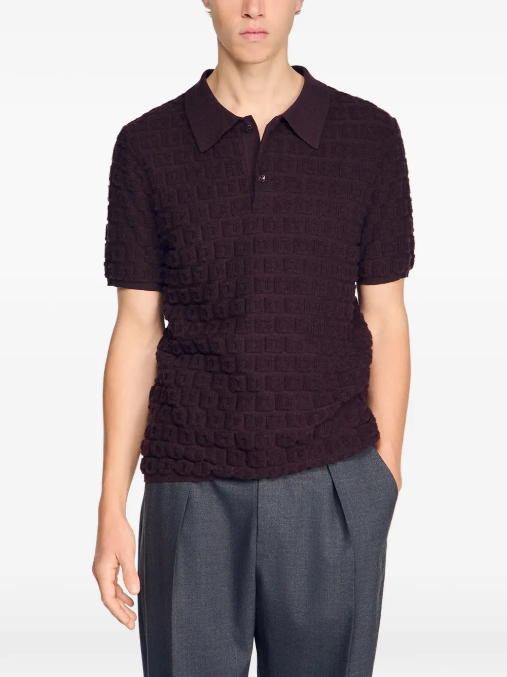 SANDRO Bouclé poloshirt met jacquard Bruin