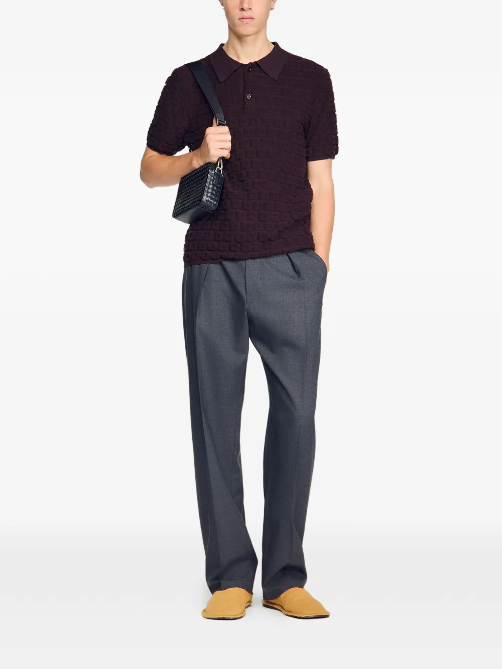 SANDRO Bouclé poloshirt met jacquard Bruin