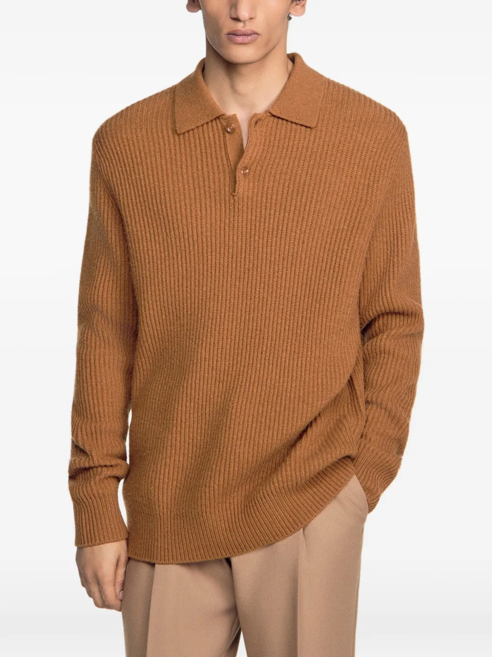 SANDRO Geribbeld wollen poloshirt Bruin