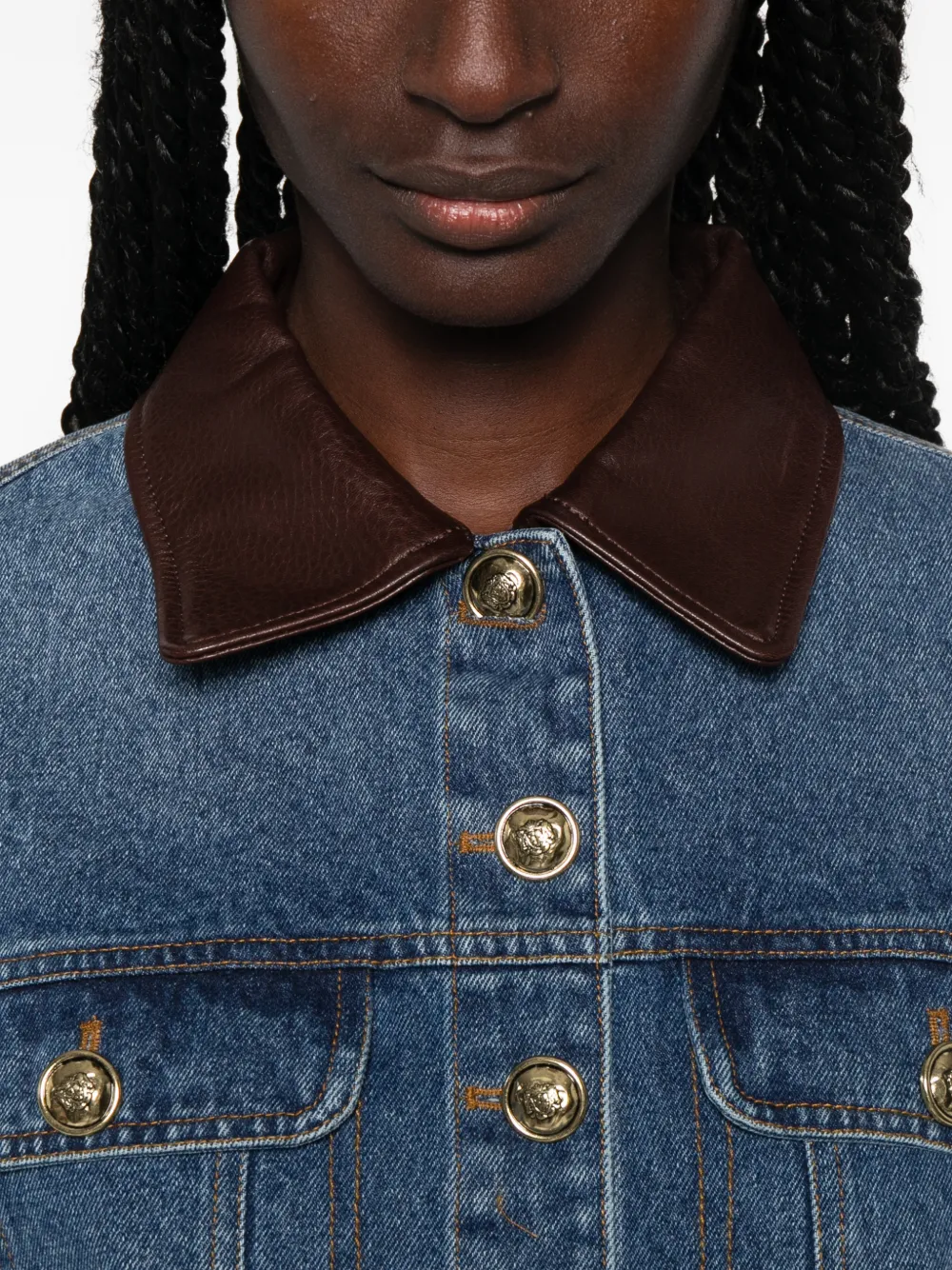 SANDRO Button-up denim jack met leren kraag Blauw