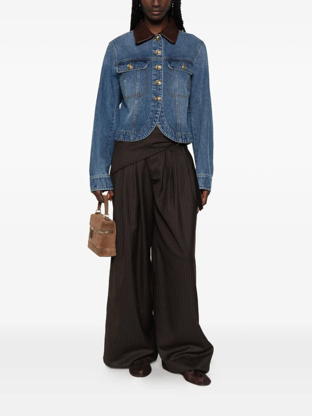 SANDRO Button-up denim jack met leren kraag Blauw