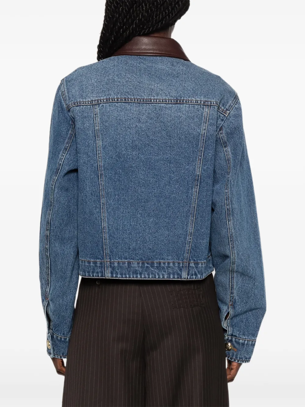 SANDRO Button-up denim jack met leren kraag Blauw