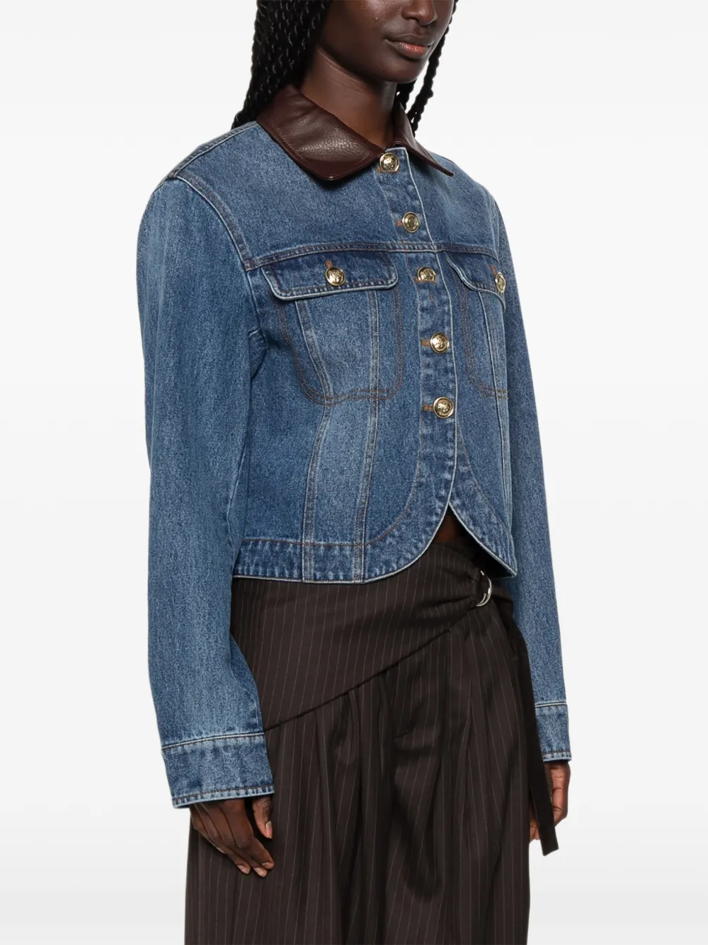 SANDRO Button-up denim jack met leren kraag Blauw