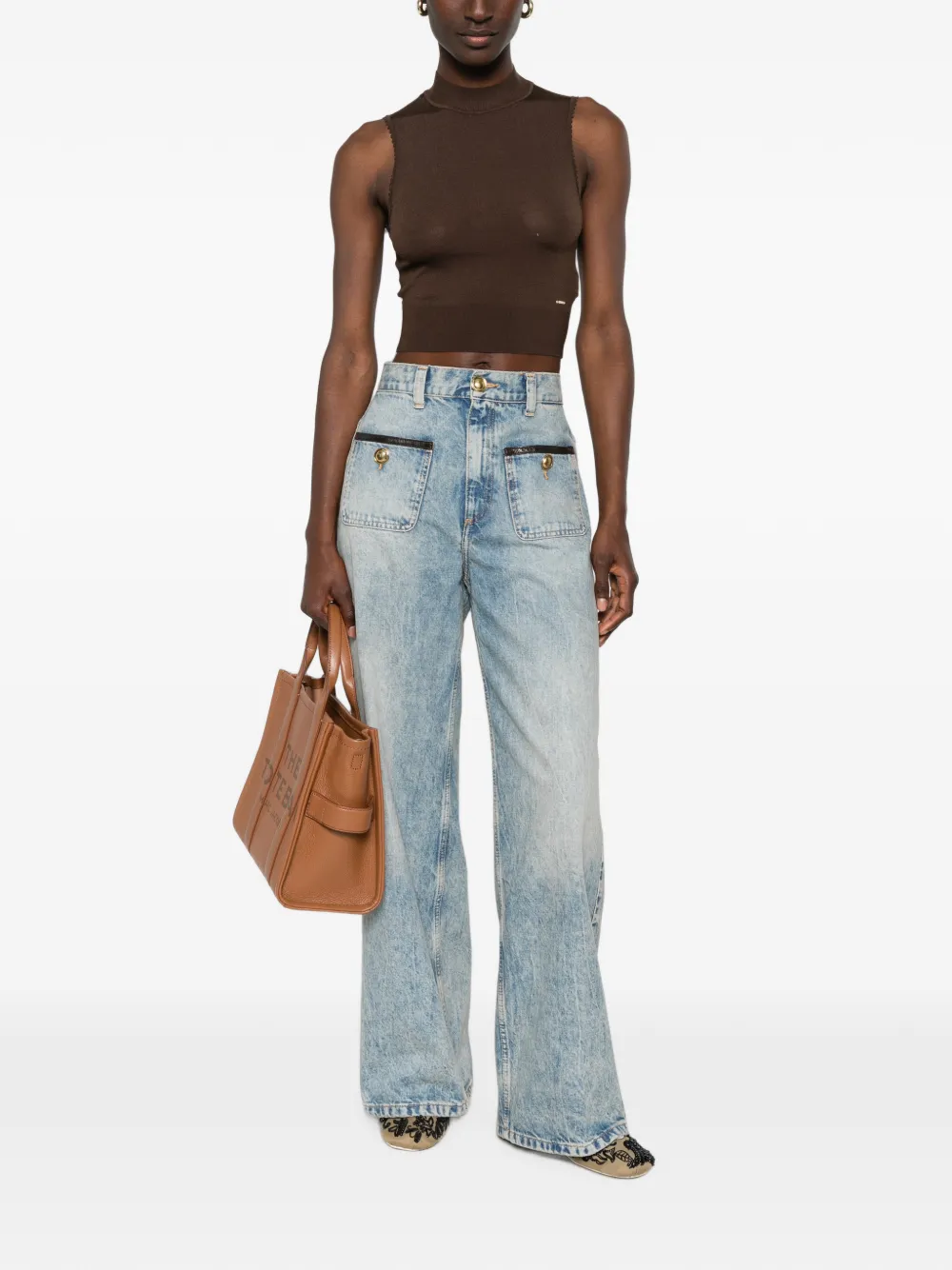SANDRO Jeans met wijde pijpen en leren afwerking Blauw