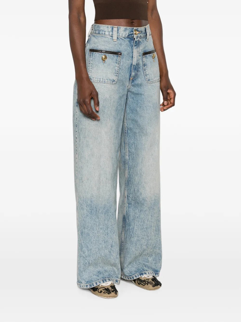 SANDRO Jeans met wijde pijpen en leren afwerking Blauw