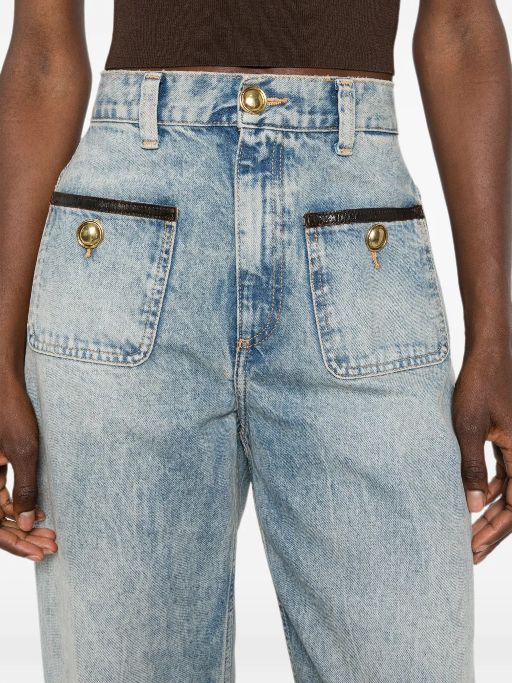 SANDRO Jeans met wijde pijpen en leren afwerking Blauw