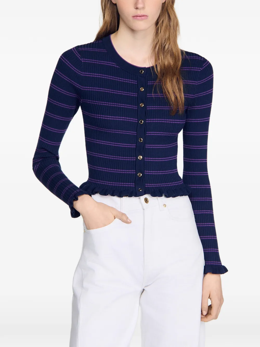 SANDRO Gestreept vest met ruches Blauw