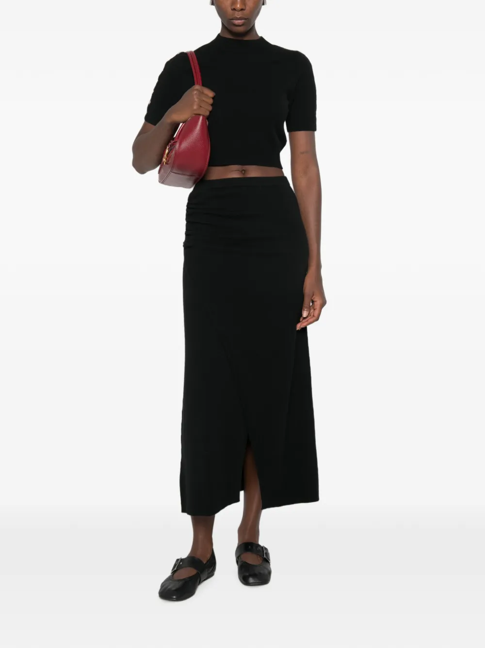 SANDRO Midi-rok met ruches en knoopdetail Zwart