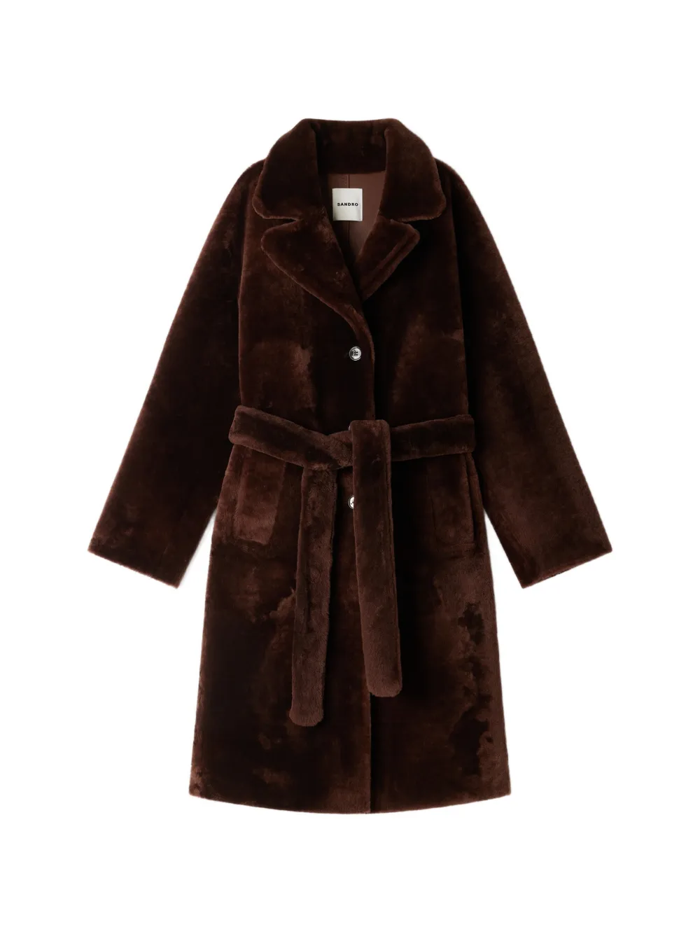 SANDRO belted shearling coat - Brown